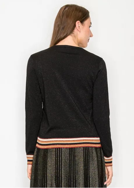 Black Metallic Knit Sweater with Striped Hem