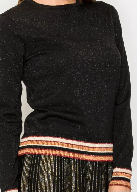 Black Metallic Knit Sweater with Striped Hem