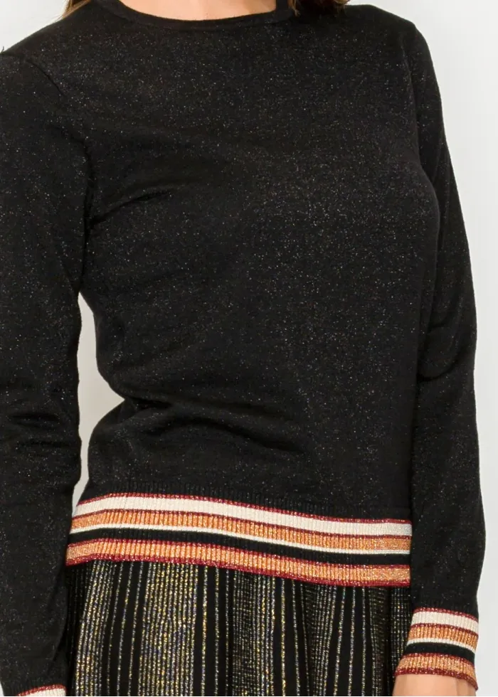 Black Metallic Knit Sweater with Striped Hem