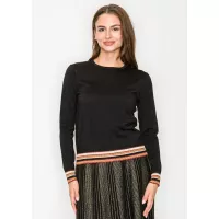 Black Metallic Knit Sweater with Striped Hem