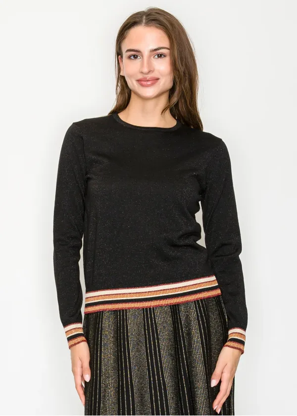 Black Metallic Knit Sweater with Striped Hem