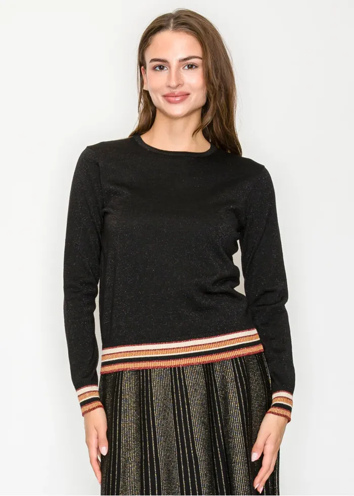 Black Metallic Knit Sweater with Striped Hem