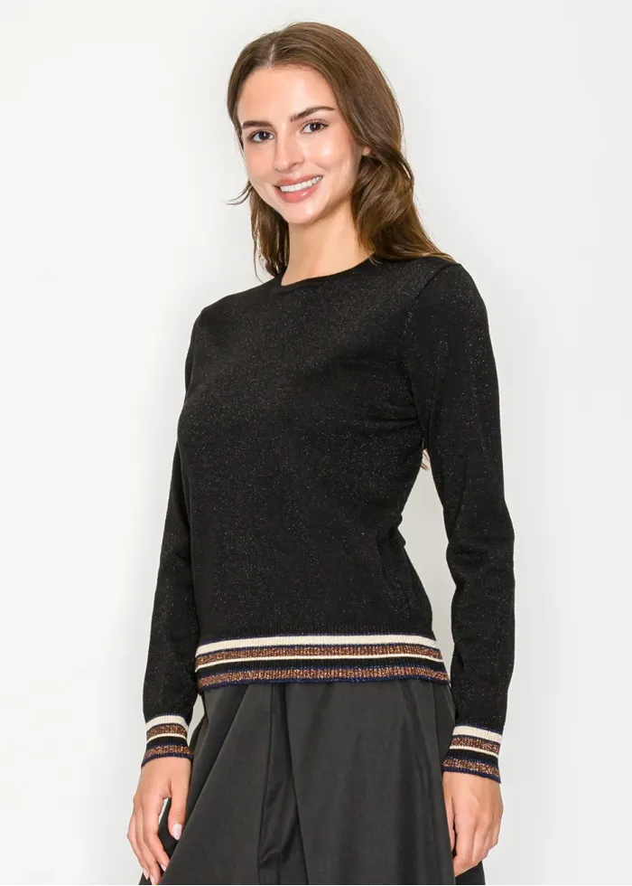 Ribbed Stripe Trim Sparkle Sweater