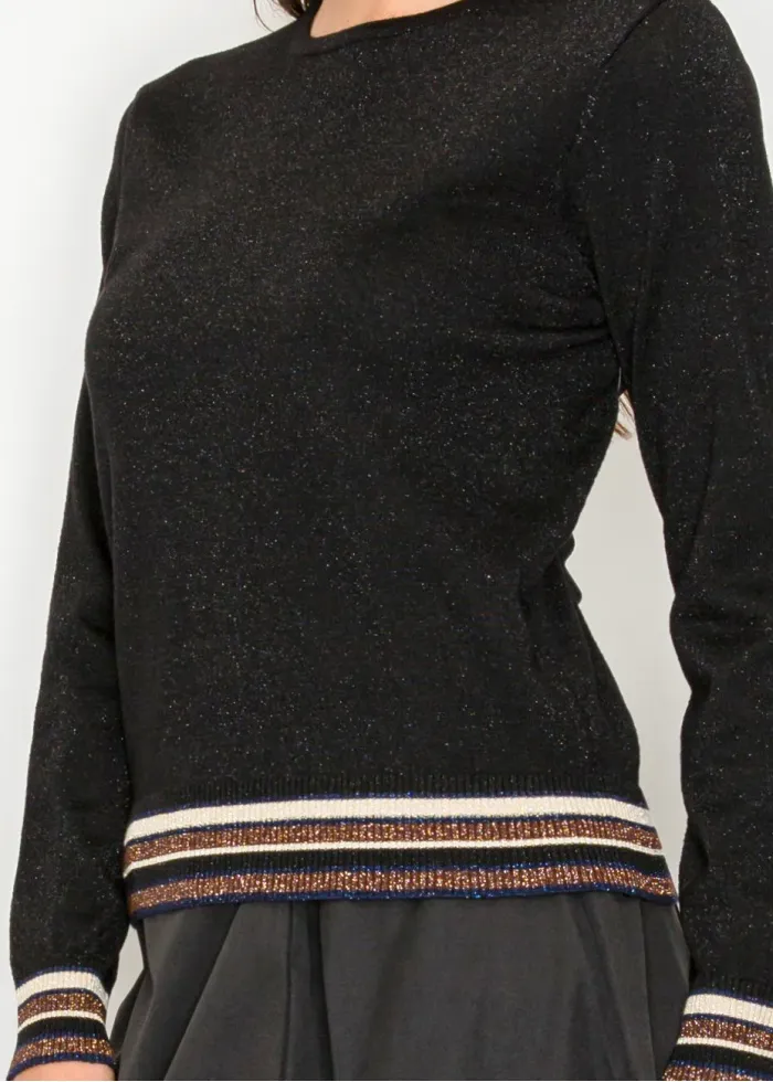 Ribbed Stripe Trim Sparkle Sweater