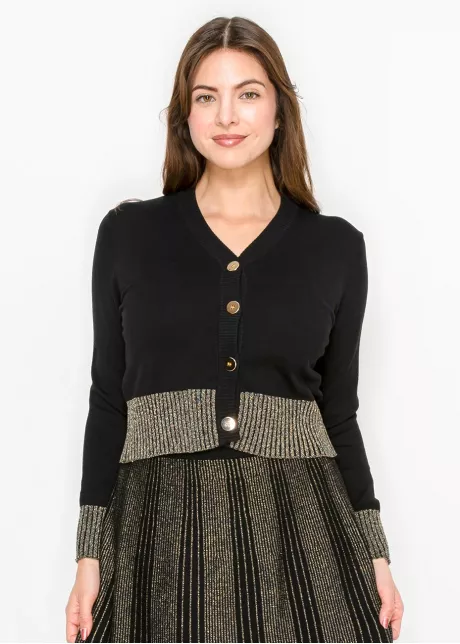 Gold-Trimmed Button-Up Cardigan in Black
