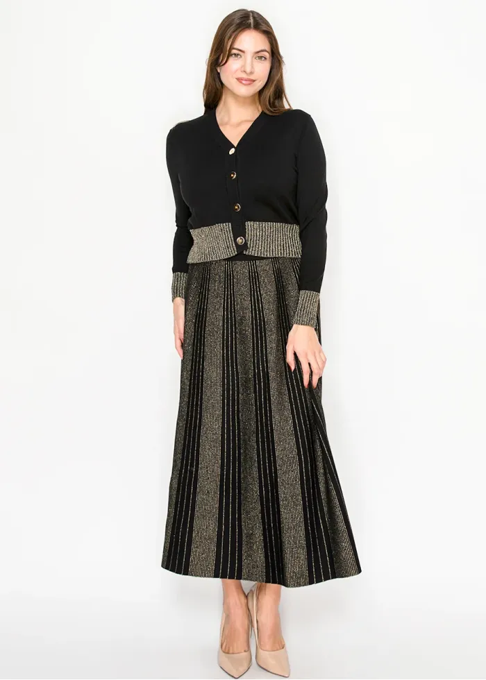 Gold-Trimmed Button-Up Cardigan in Black