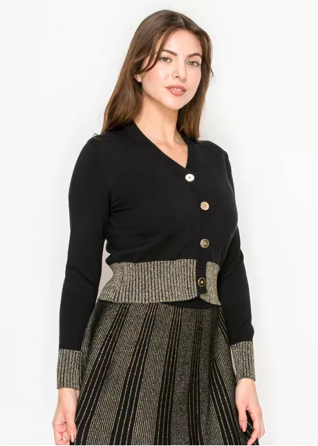 Gold-Trimmed Button-Up Cardigan in Black