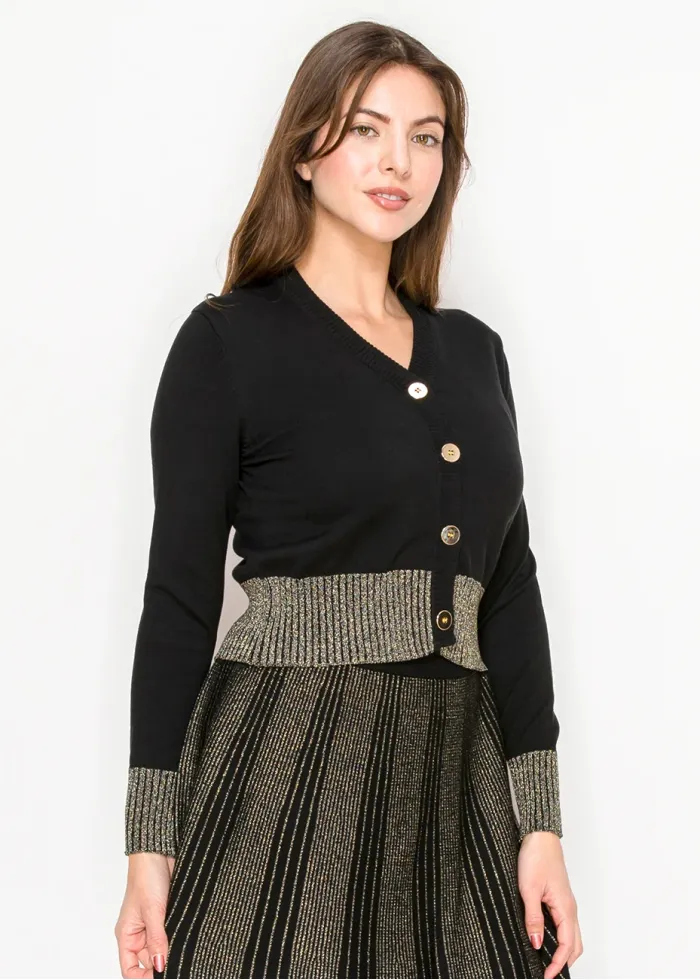 Gold-Trimmed Button-Up Cardigan in Black