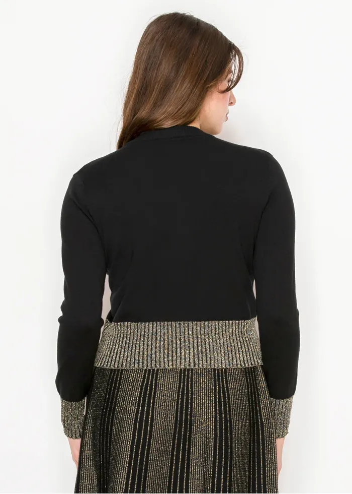 Gold-Trimmed Button-Up Cardigan in Black