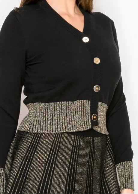 Gold-Trimmed Button-Up Cardigan in Black