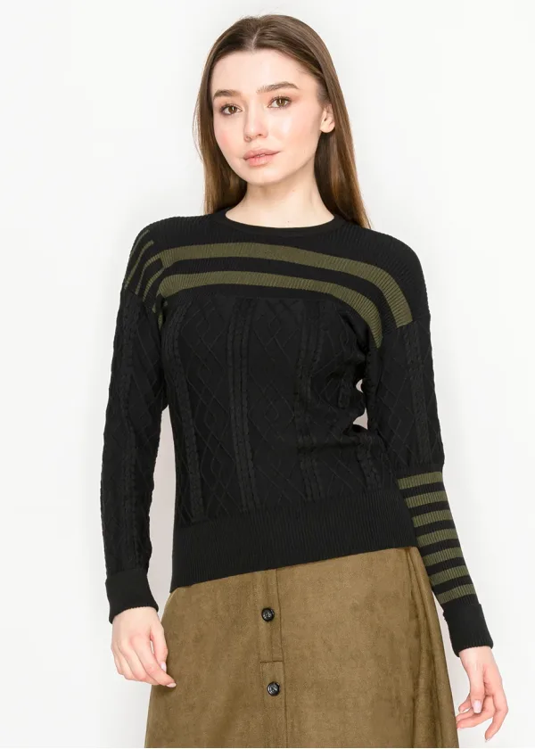 Black Sweater with Olive Stripes