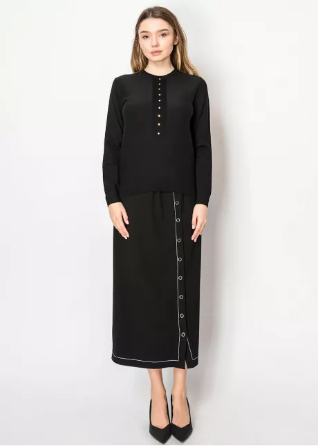 Black Knit Sweater with Front Button Detail