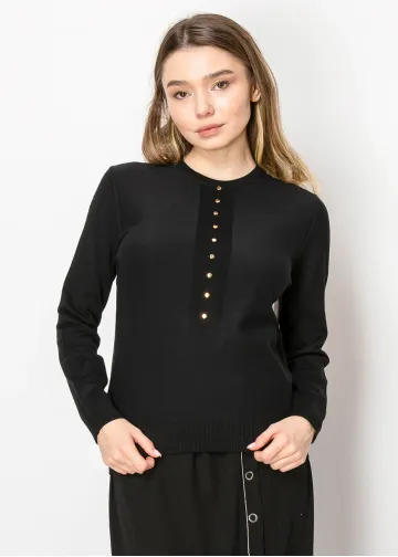 Black Knit Sweater with Front Button Detail