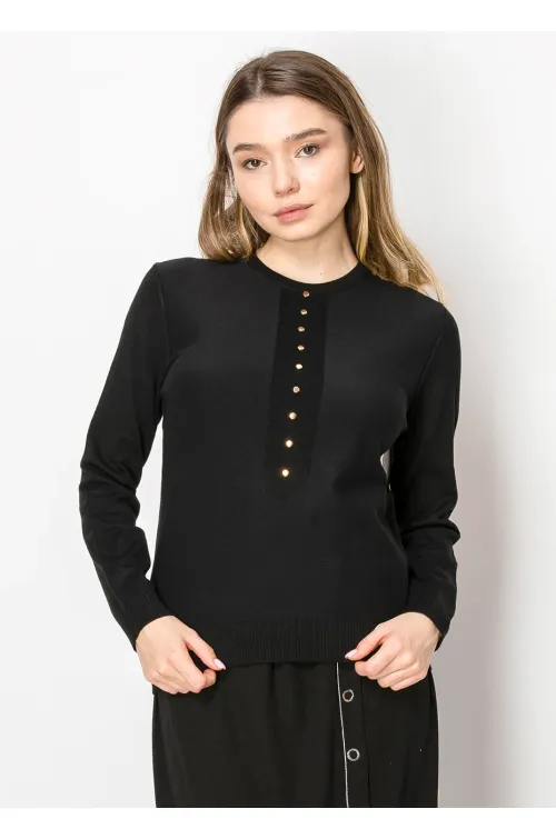 Black Knit Sweater with Front Button Detail