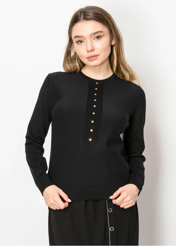 Black Knit Sweater with Front Button Detail