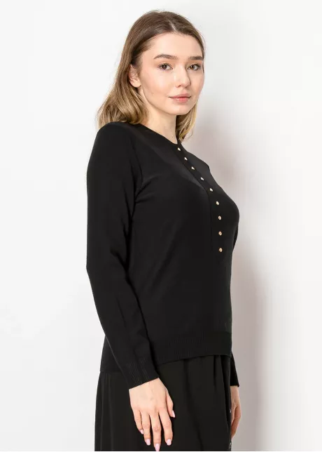 Black Knit Sweater with Front Button Detail