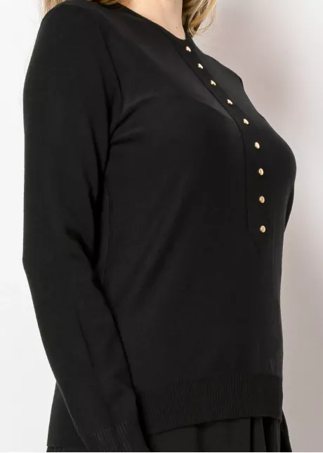 Black Knit Sweater with Front Button Detail