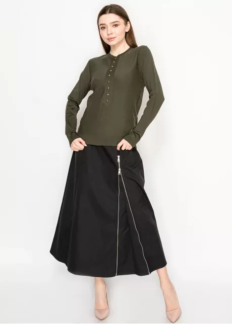 Olive Crewneck Knit with Button Placket