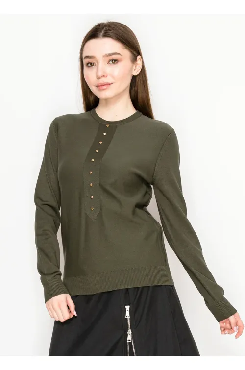 Olive Crewneck Knit with Button Placket