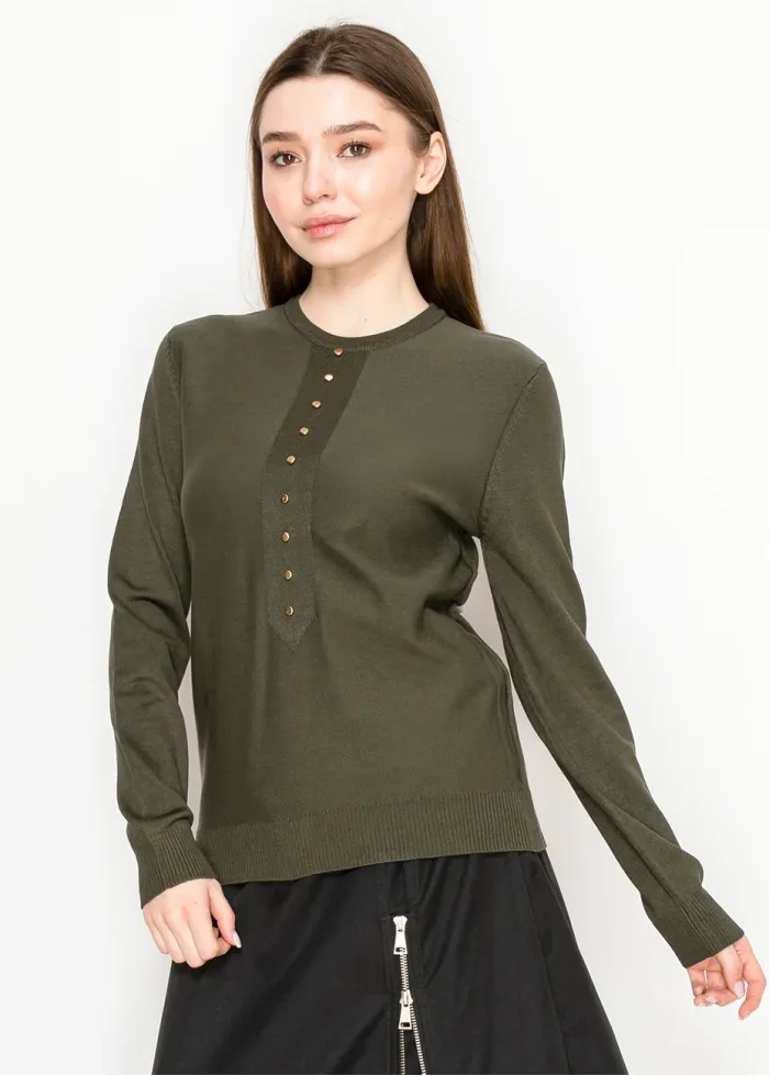 Olive Crewneck Knit with Button Placket