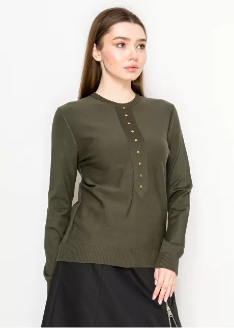 Olive Crewneck Knit with Button Placket