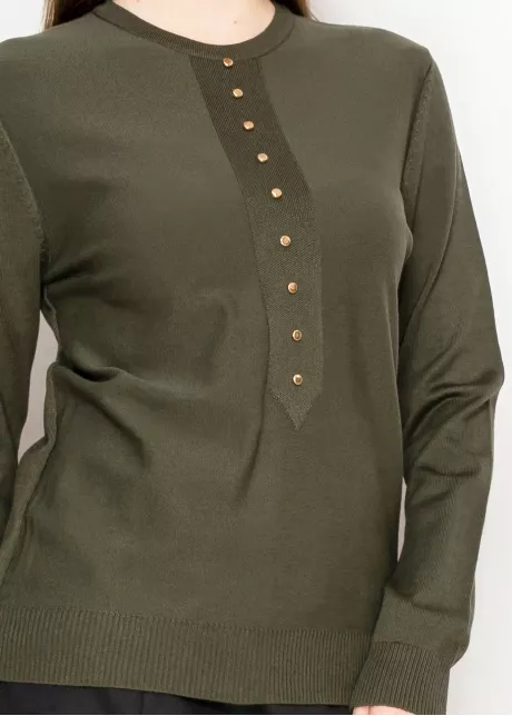 Olive Crewneck Knit with Button Placket