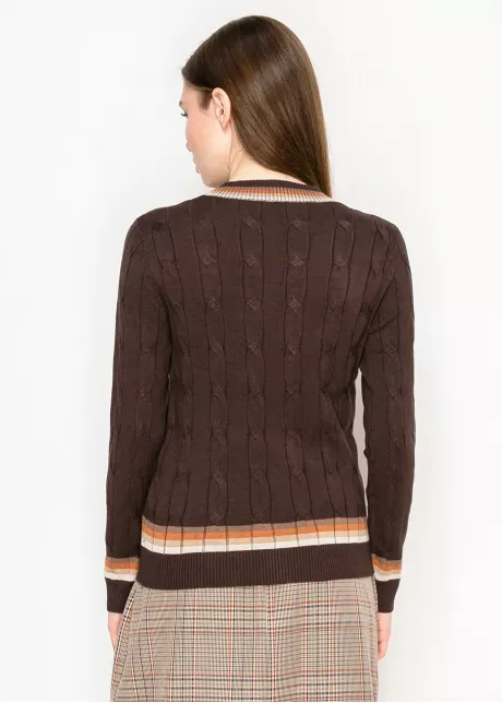 Brown Cable Knit V-Neck Sweater