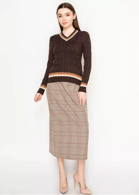 Brown Cable Knit V-Neck Sweater