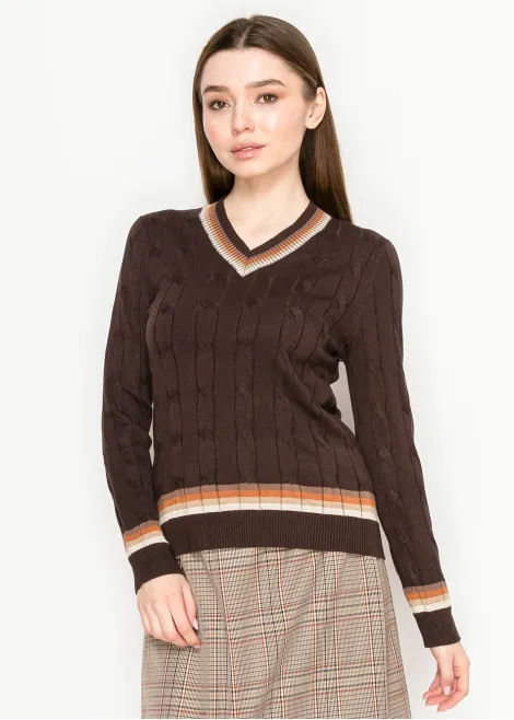 Brown Cable Knit V-Neck Sweater