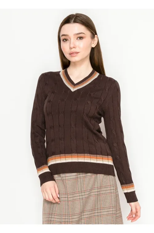 Brown Cable Knit V-Neck Sweater