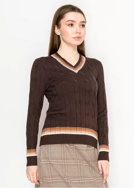 Brown Cable Knit V-Neck Sweater