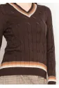 Brown Cable Knit V-Neck Sweater