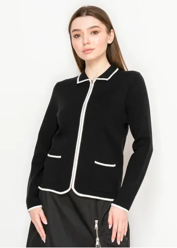 Black Zip-Up Cardigan with White Trim