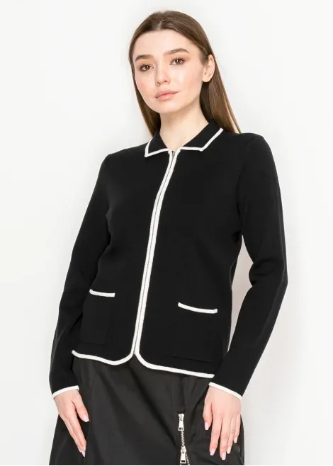 Black Zip-Up Cardigan with White Trim