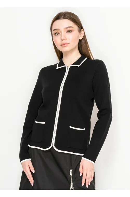 Black Zip-Up Cardigan with White Trim