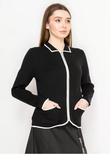 Black Zip-Up Cardigan with White Trim