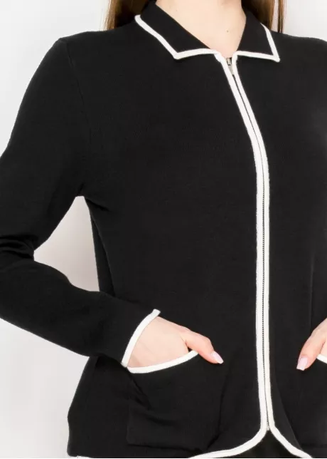 Black Zip-Up Cardigan with White Trim