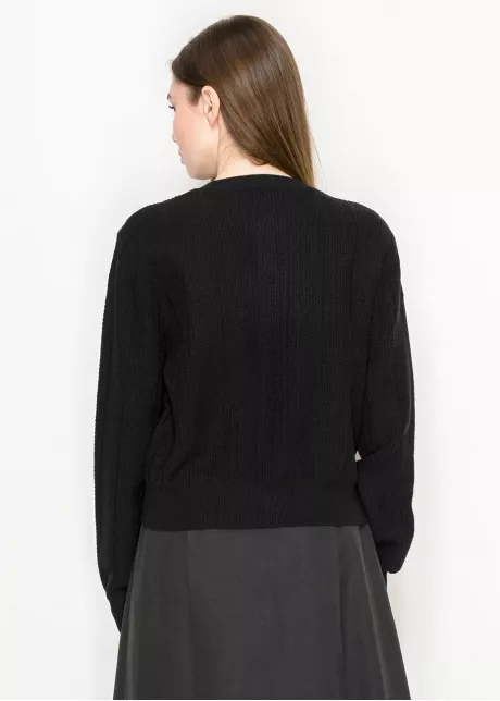 Ribbed Black Knit Crewneck Cardigan