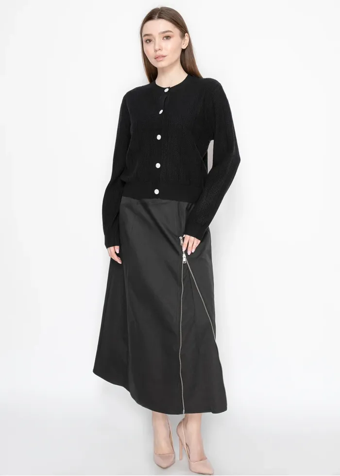 Ribbed Black Knit Crewneck Cardigan