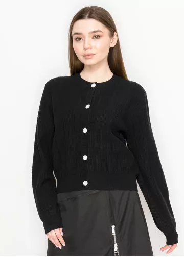 Ribbed Black Knit Crewneck Cardigan Ribbed Black Knit Crewneck Cardigan