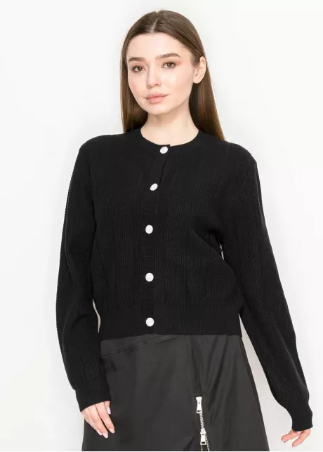 Ribbed Black Knit Crewneck Cardigan