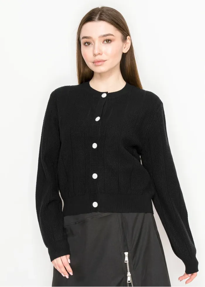 Ribbed Black Knit Crewneck Cardigan