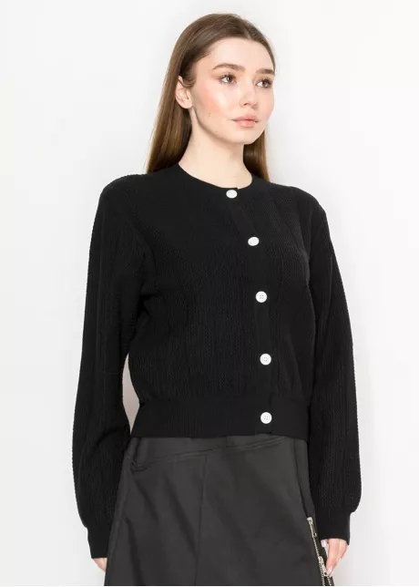 Ribbed Black Knit Crewneck Cardigan