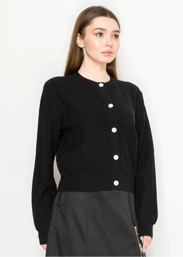 Ribbed Black Knit Crewneck Cardigan