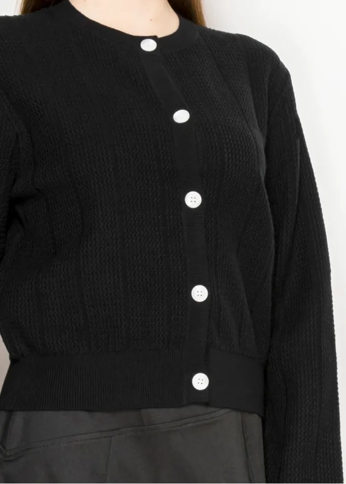 Ribbed Black Knit Crewneck Cardigan