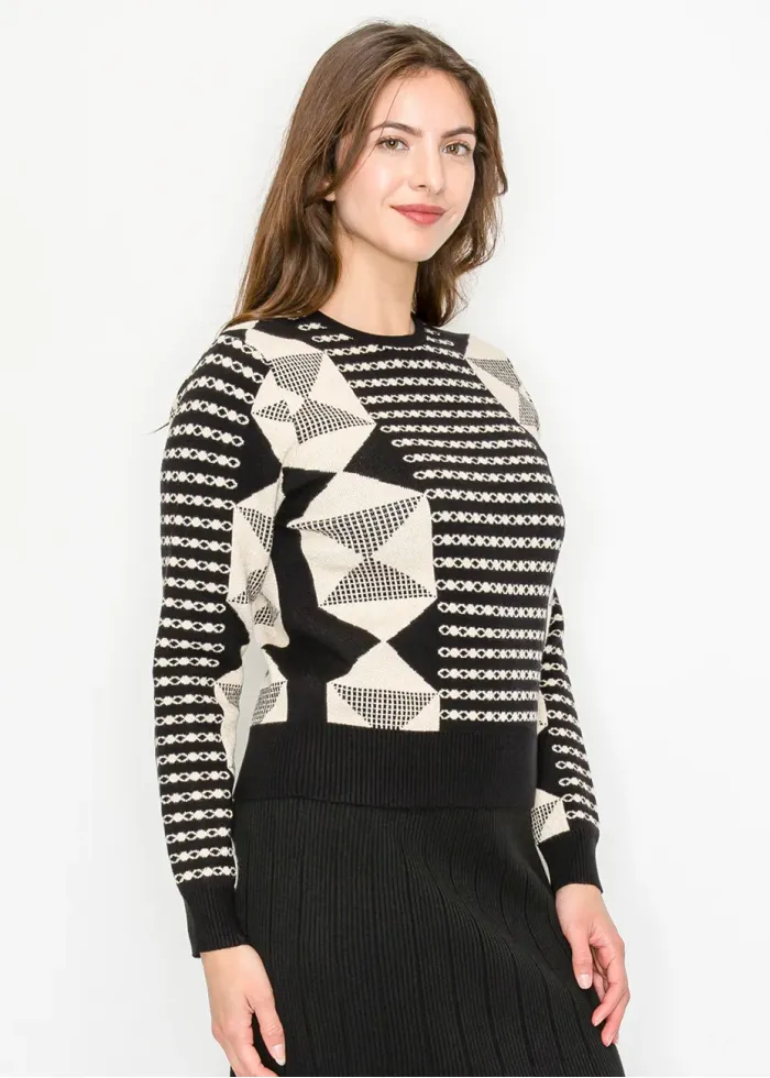 Black and Gold Geometric Knit Pullover