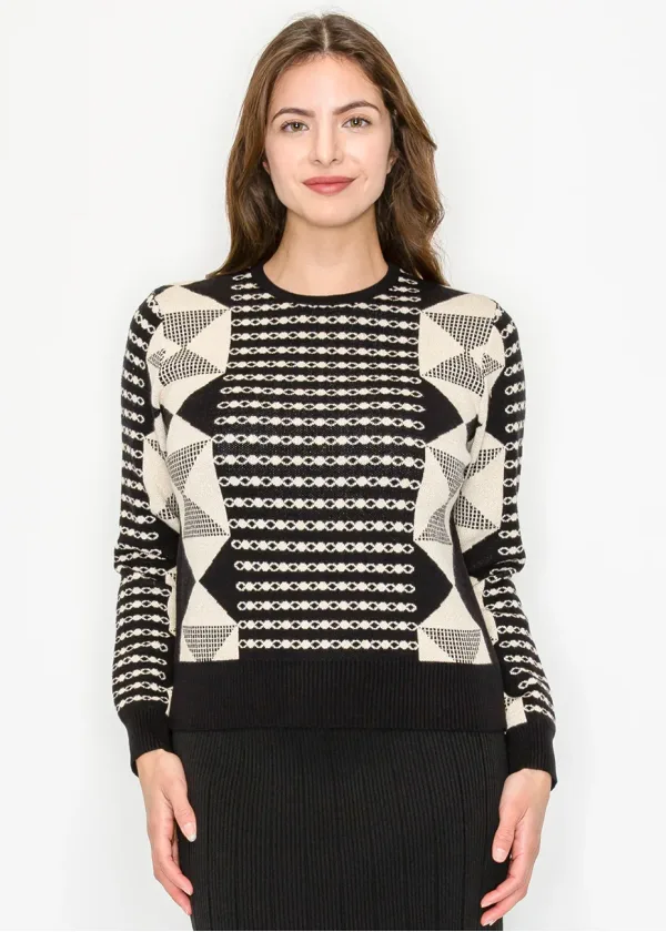 Black and Gold Geometric Knit Pullover
