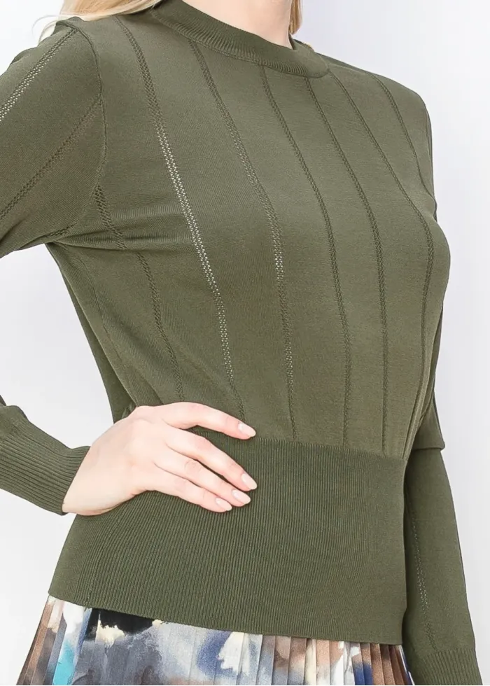 Olive Ribbed Sweater with Shoulder Buttons