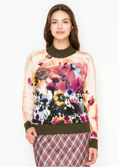 Watercolor Floral Knit Sweater – Olive Trim