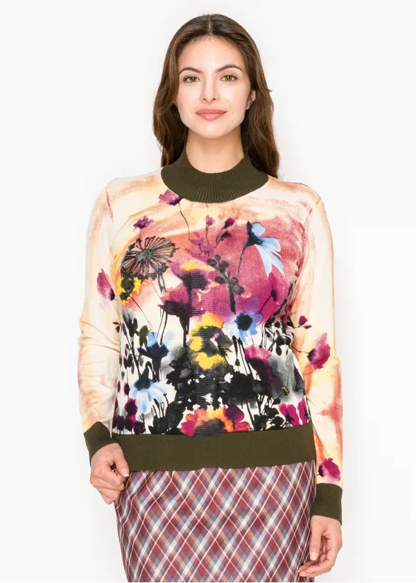 Watercolor Floral Knit Sweater – Olive Trim